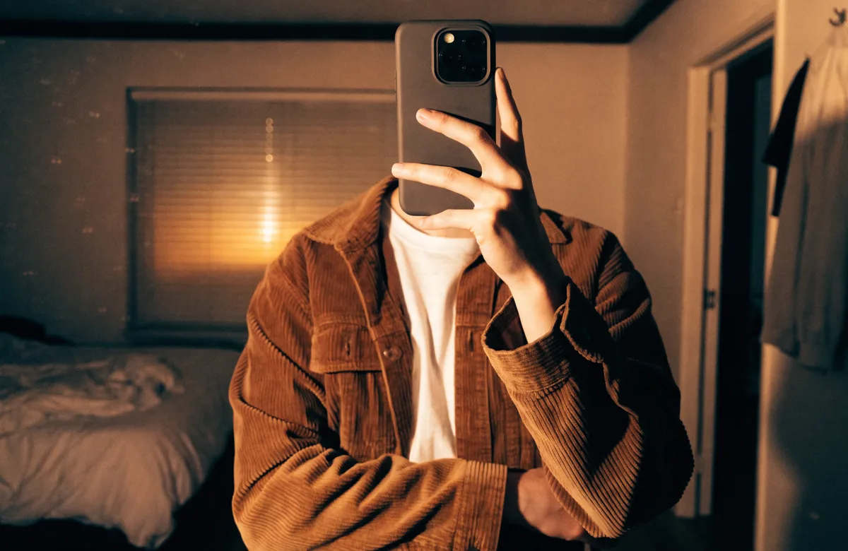 Someone in a corduroy jacket taking a mirror selfie